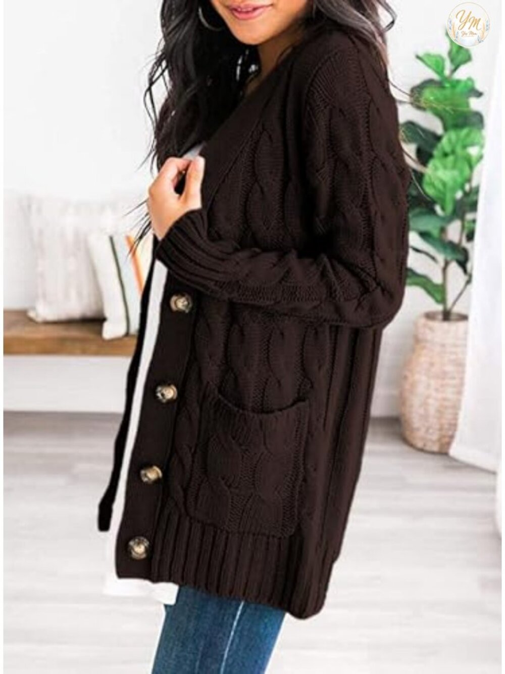 Women Chunky Cable Knit Button Down Open Front Cardigan Sweater - Picture 3 of 6